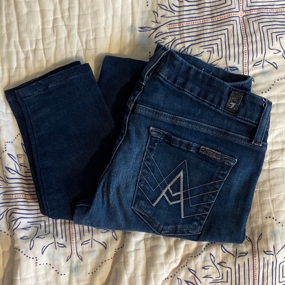 seven for all mankind "a" pocket  dark wash skinny jeans